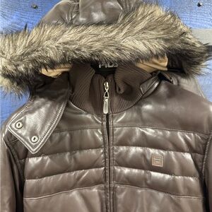 Fila leather quilted bomber jacket with fur hood